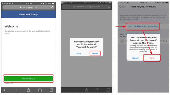 “Facebook Research”在iOS端的安装界面 图自TechCrunch