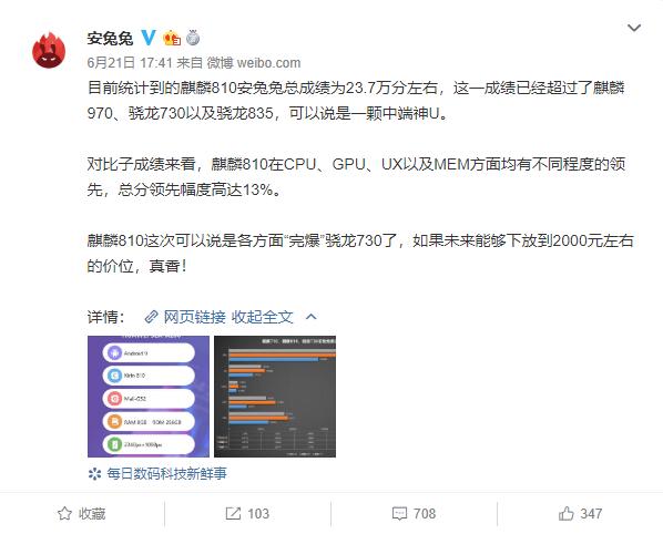 麒麟810 安兔兔跑分曝光,全方位战胜骁龙730