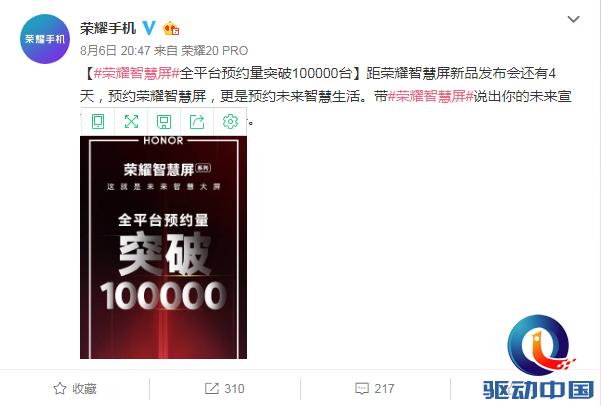 荣耀智慧屏预约量突破100000台,这是要火的节奏啊