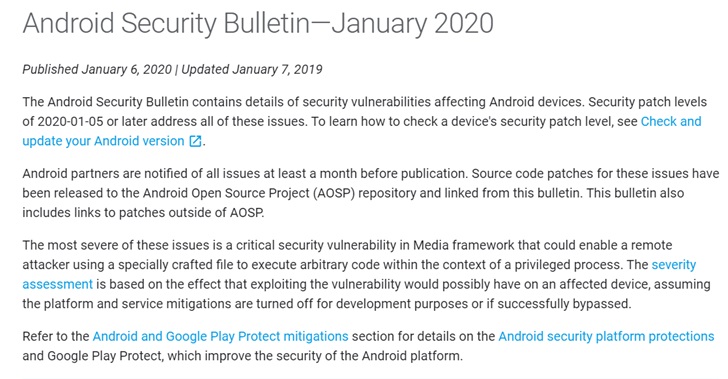 修复近40个漏洞：谷歌发布2020年1月Android安全补丁