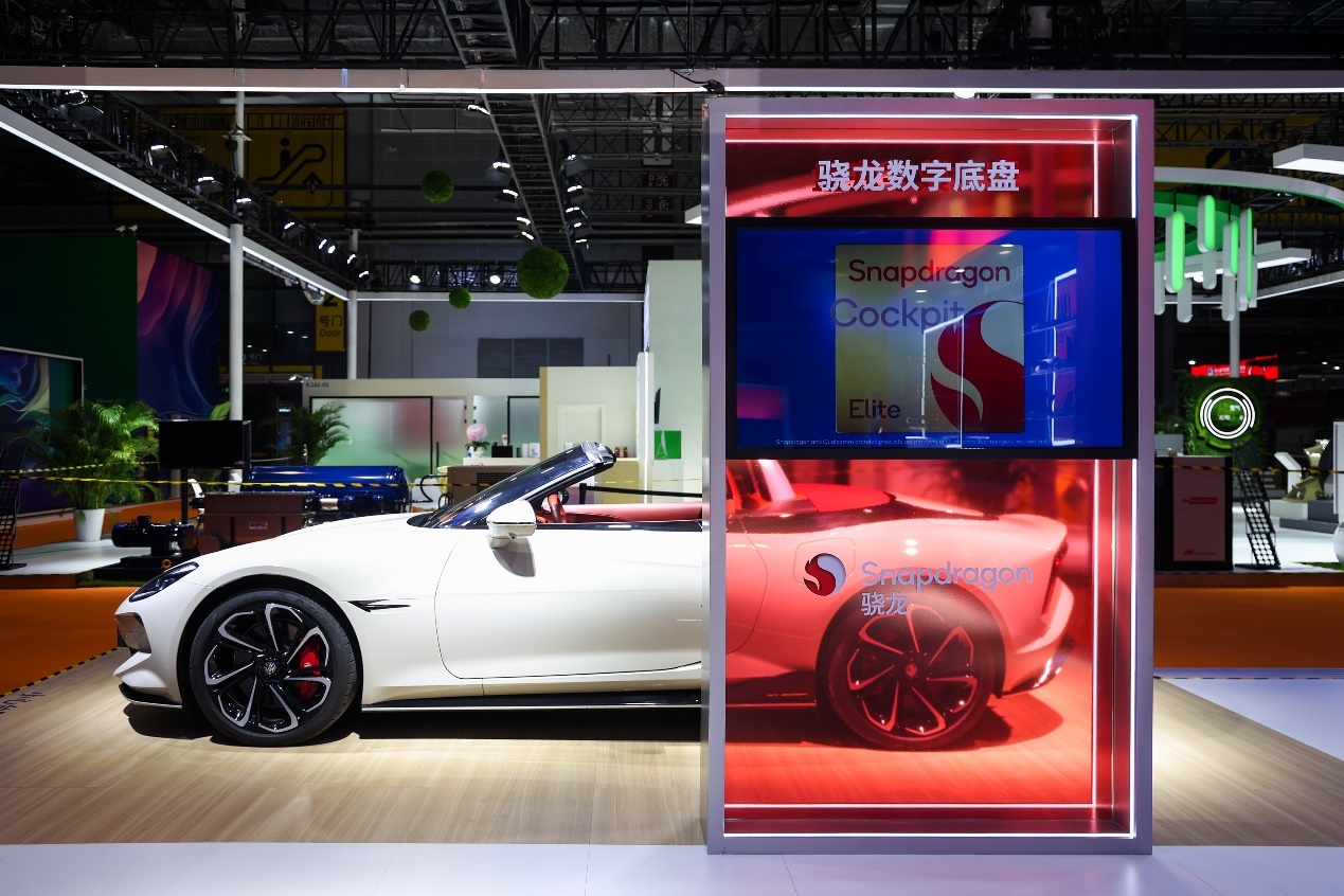 A white car in a showroom
Description automatically generated